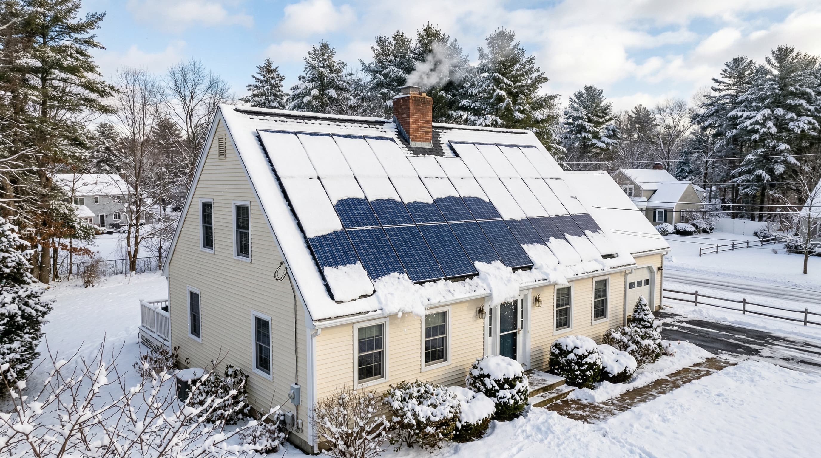 Solar panels on a Massachusetts home partially covered with winter snow