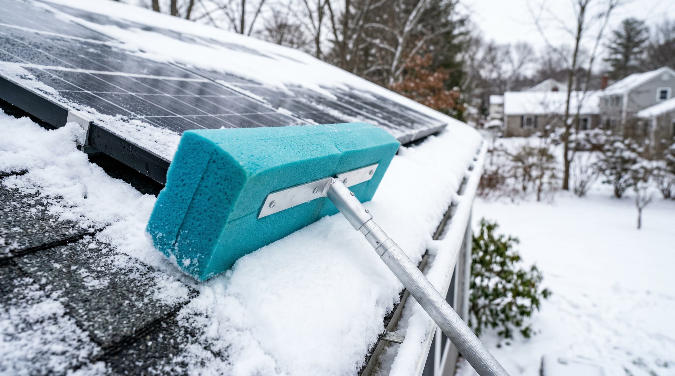 Soft foam-head snow rake tool for safe solar panel snow removal