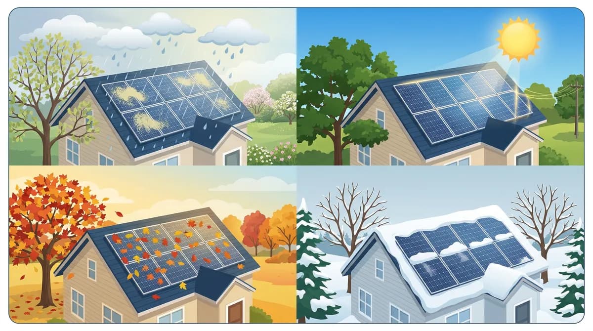 Four seasons of solar panel maintenance in Massachusetts — spring pollen, summer sun, fall leaves, winter snow