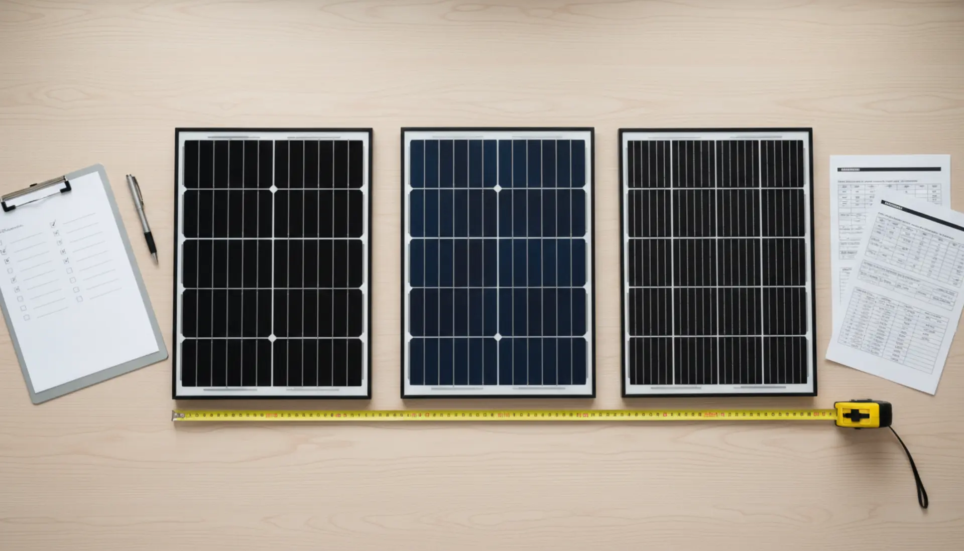 Solar panels laid out side-by-side for comparison with spec sheets and measuring tape