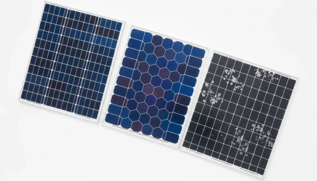 Three solar panels arranged for comparison representing Hyundai, Silfab, and REC lineup