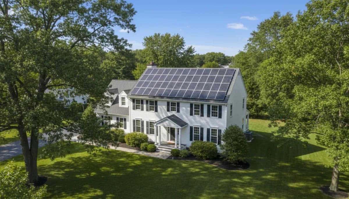 Residential solar panel installation in New England showing perfectly aligned panel rows