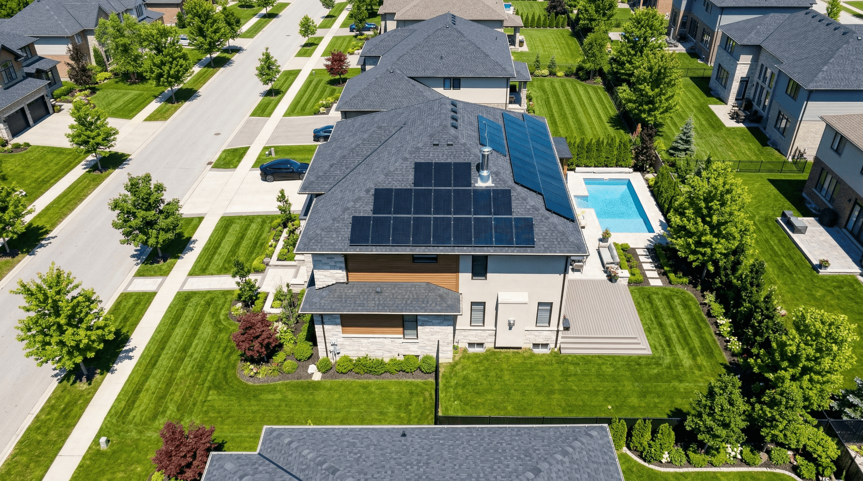 Rooftop solar panel array on a residential home