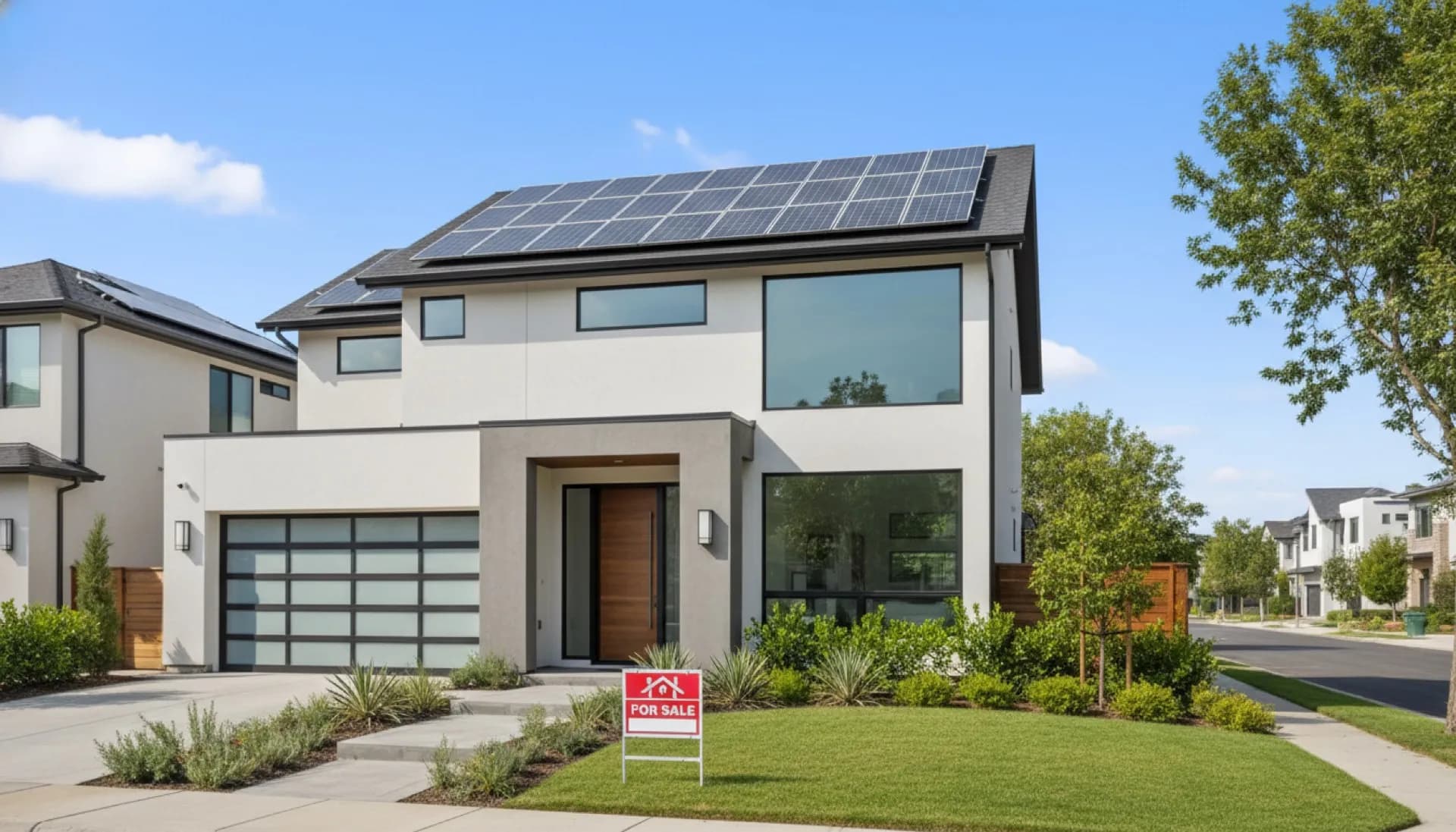 Home with solar panels and real estate for sale sign