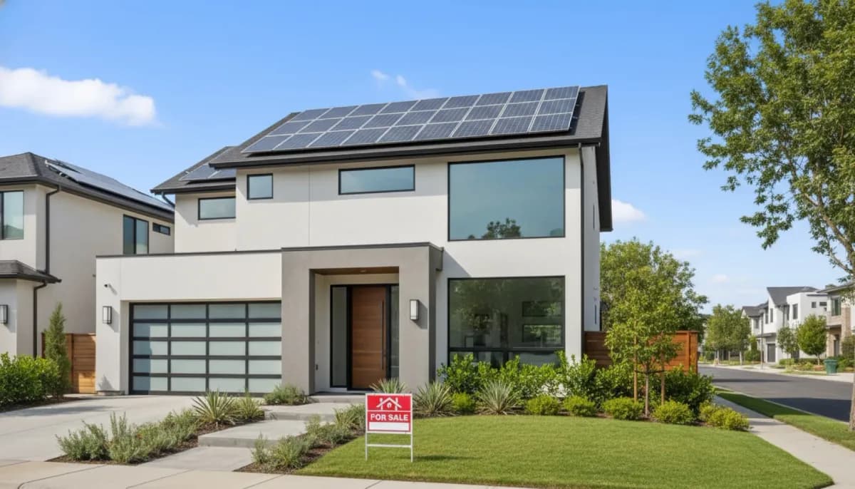 Home with solar panels and real estate for sale sign