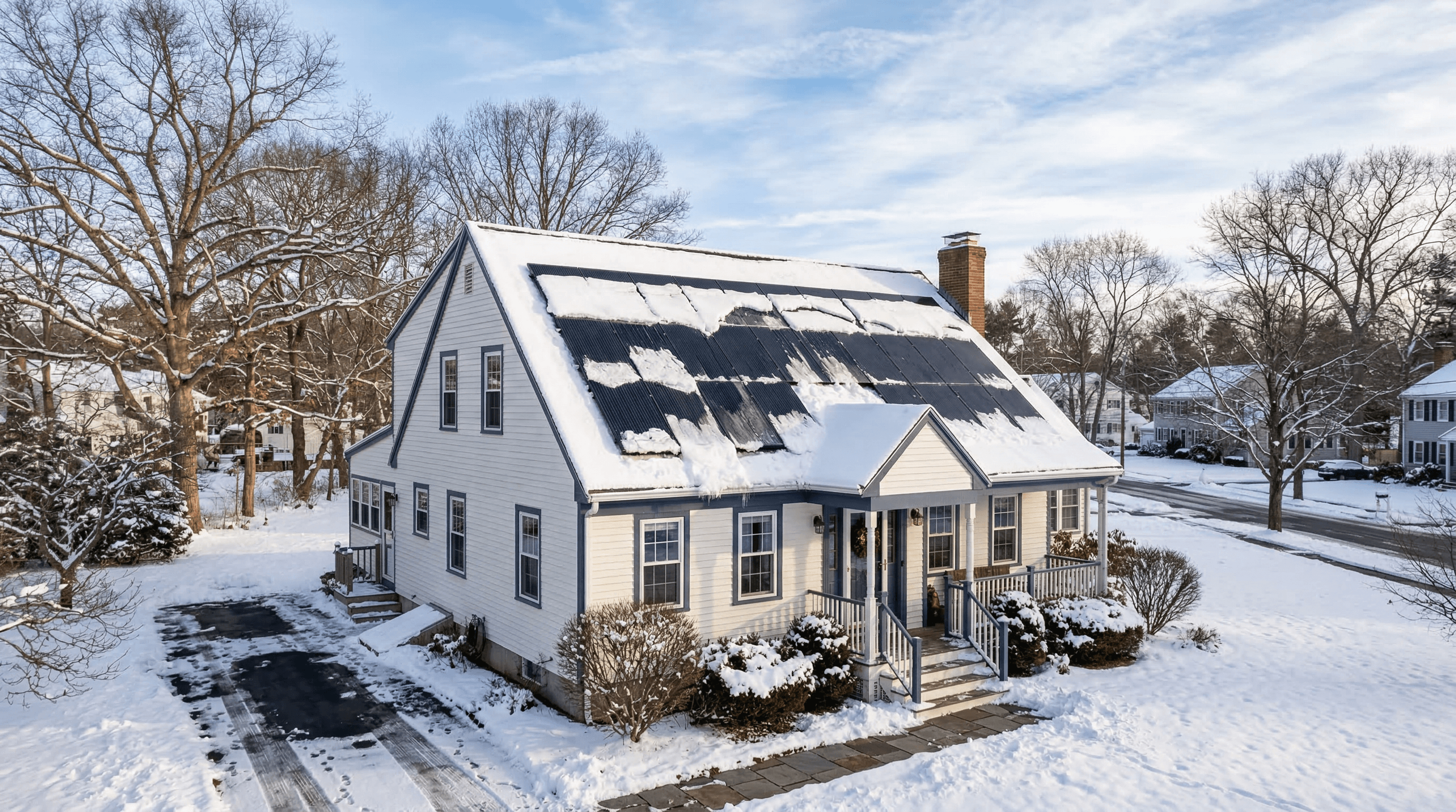 Solar panels on a New England home with snow sliding off the angled roof in winter