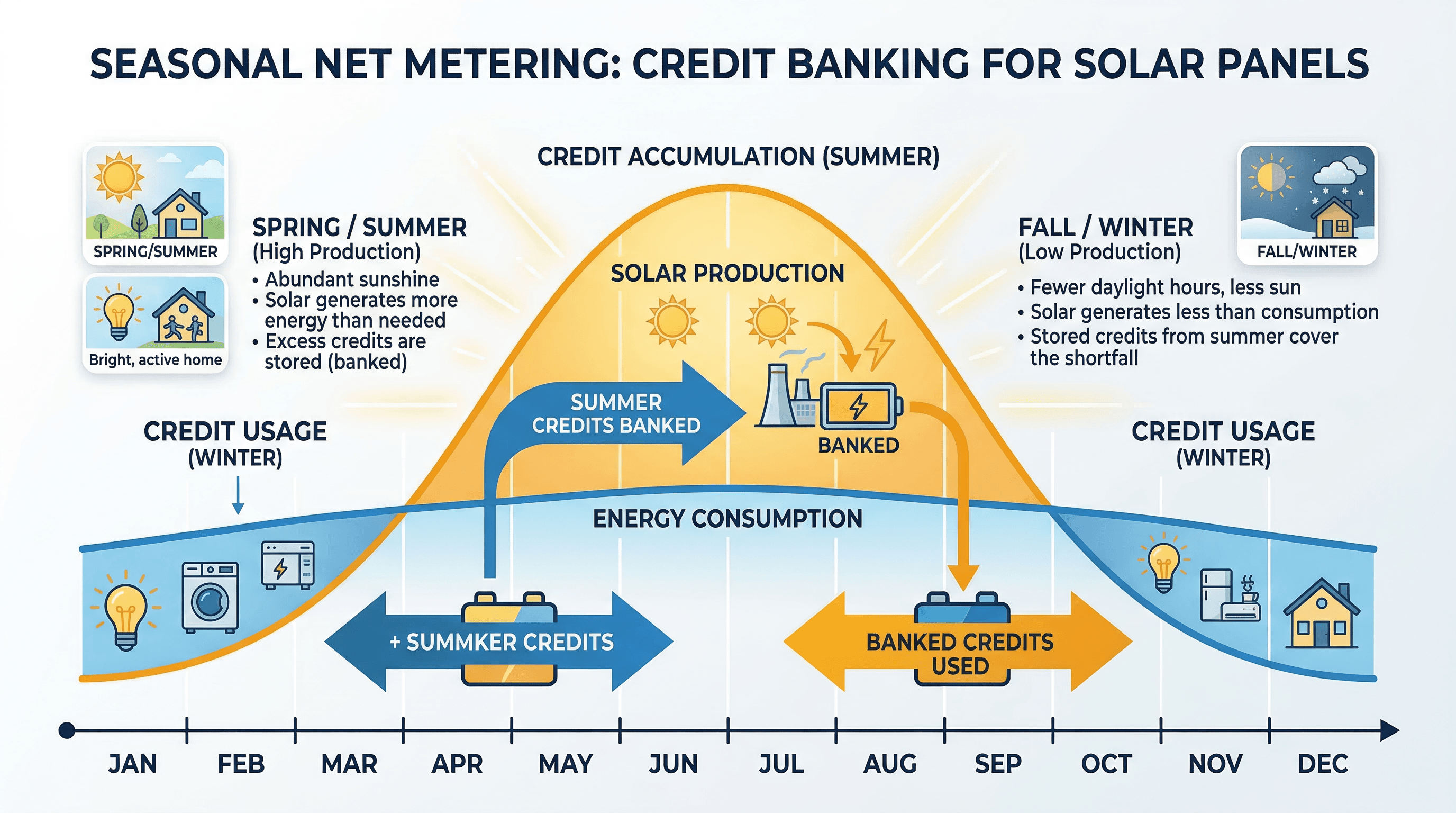 Net metering credit banking: summer overproduction covers winter shortfall