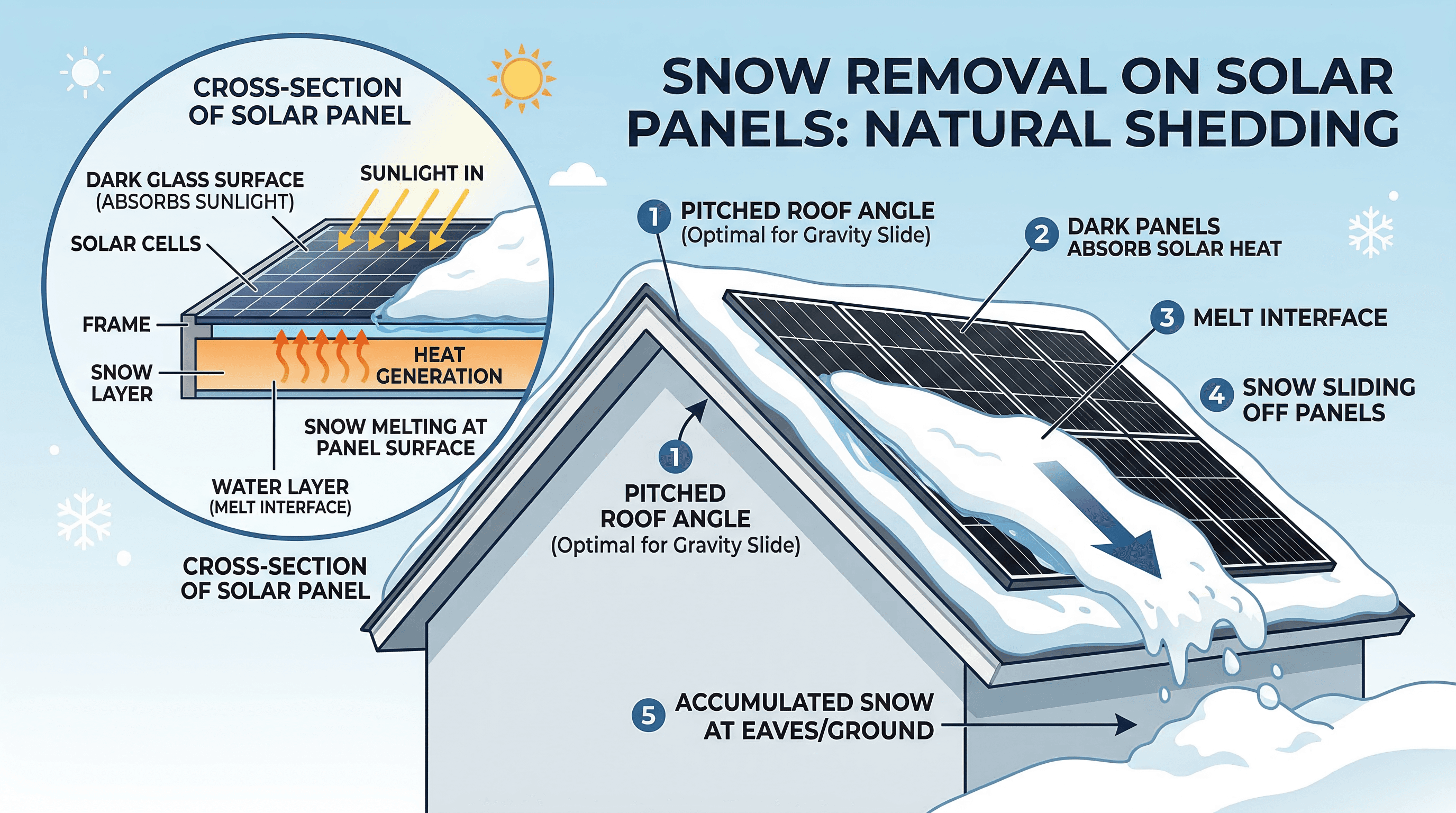 Illustration showing how snow naturally slides off angled solar panels