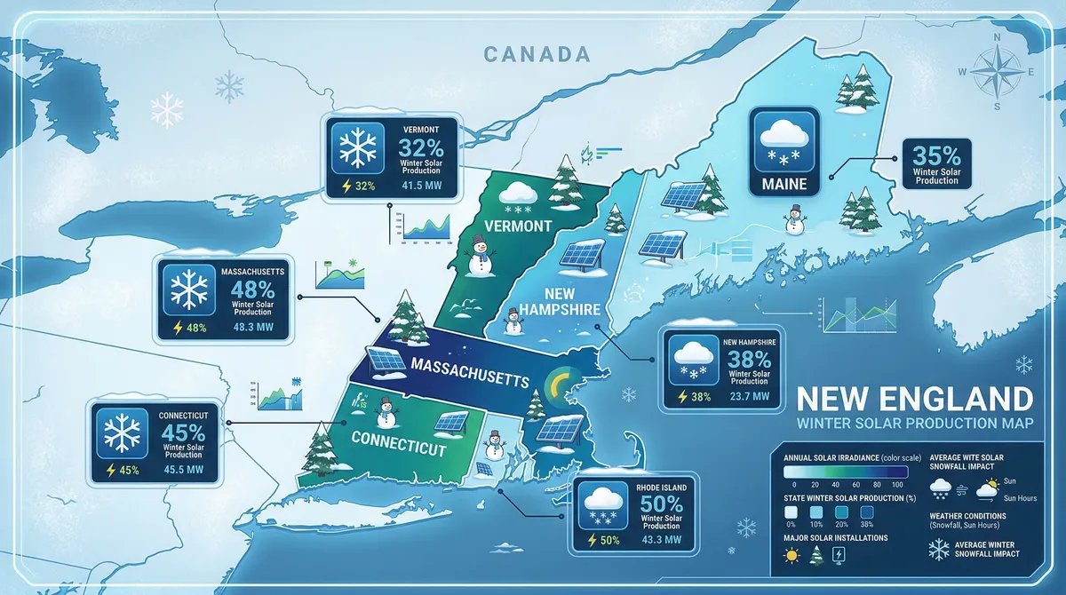 Map of New England states showing winter solar production estimates
