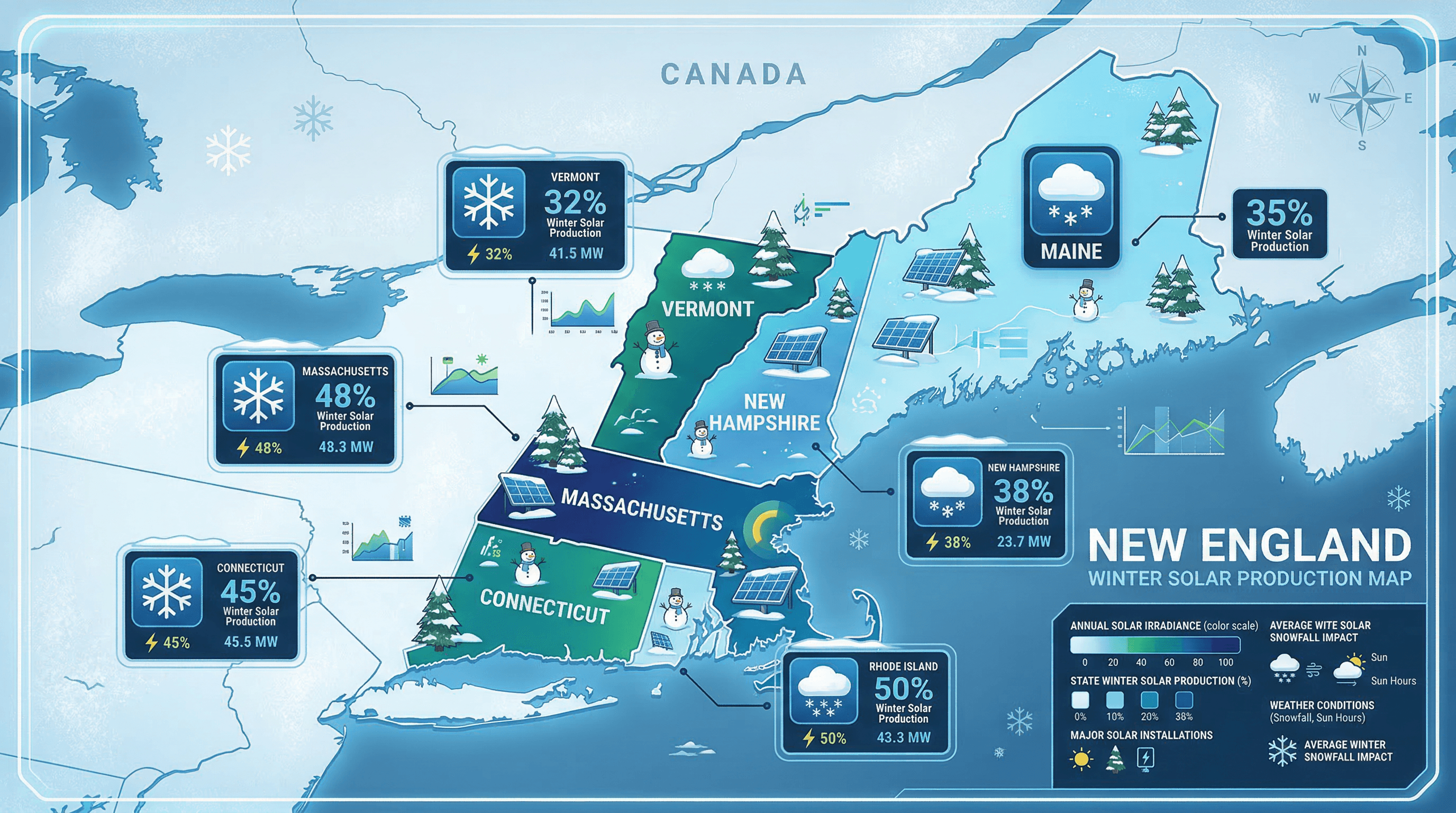 Map of New England states showing winter solar production estimates