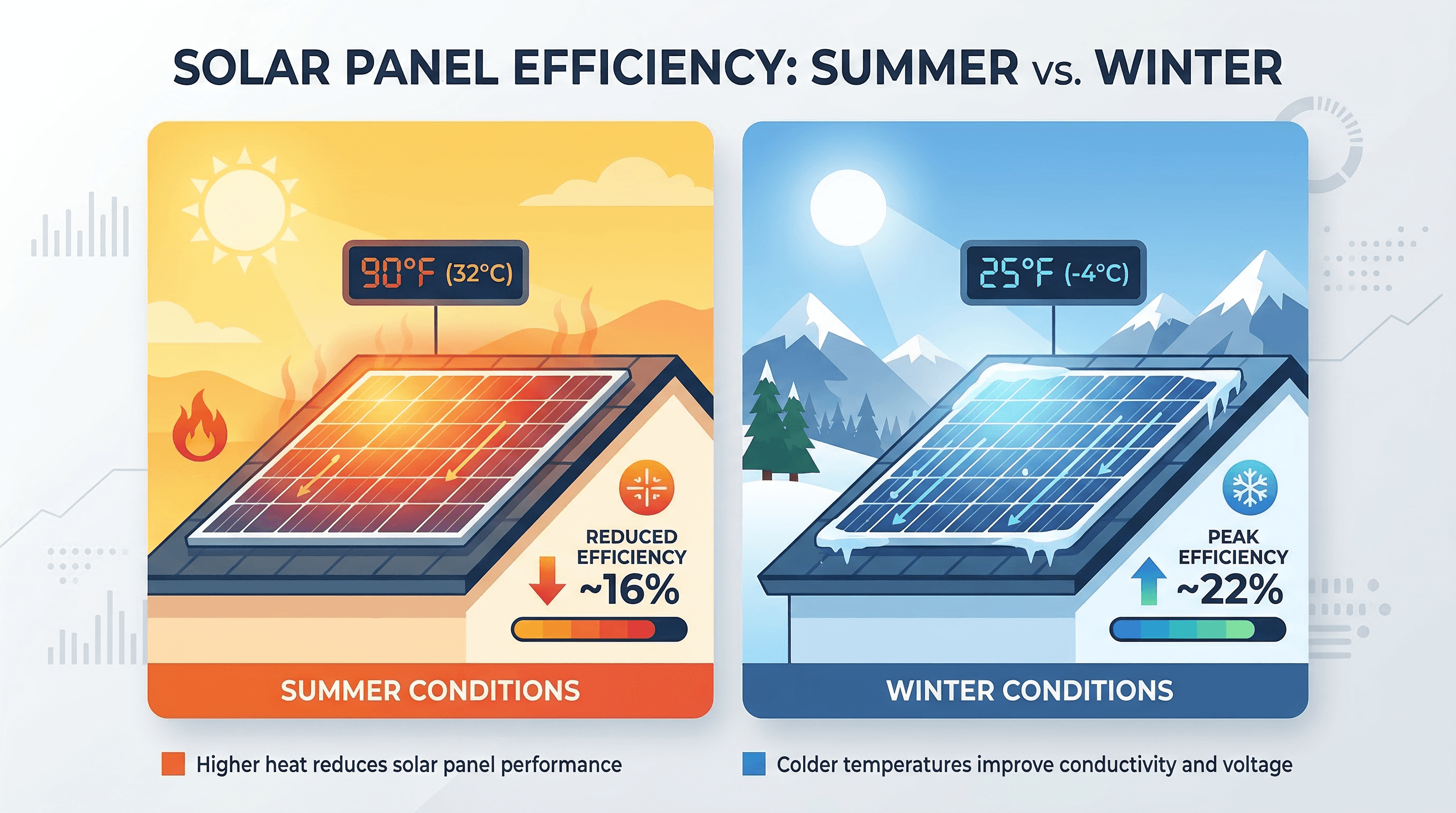 Comparison showing solar panel efficiency in hot summer vs cold winter conditions