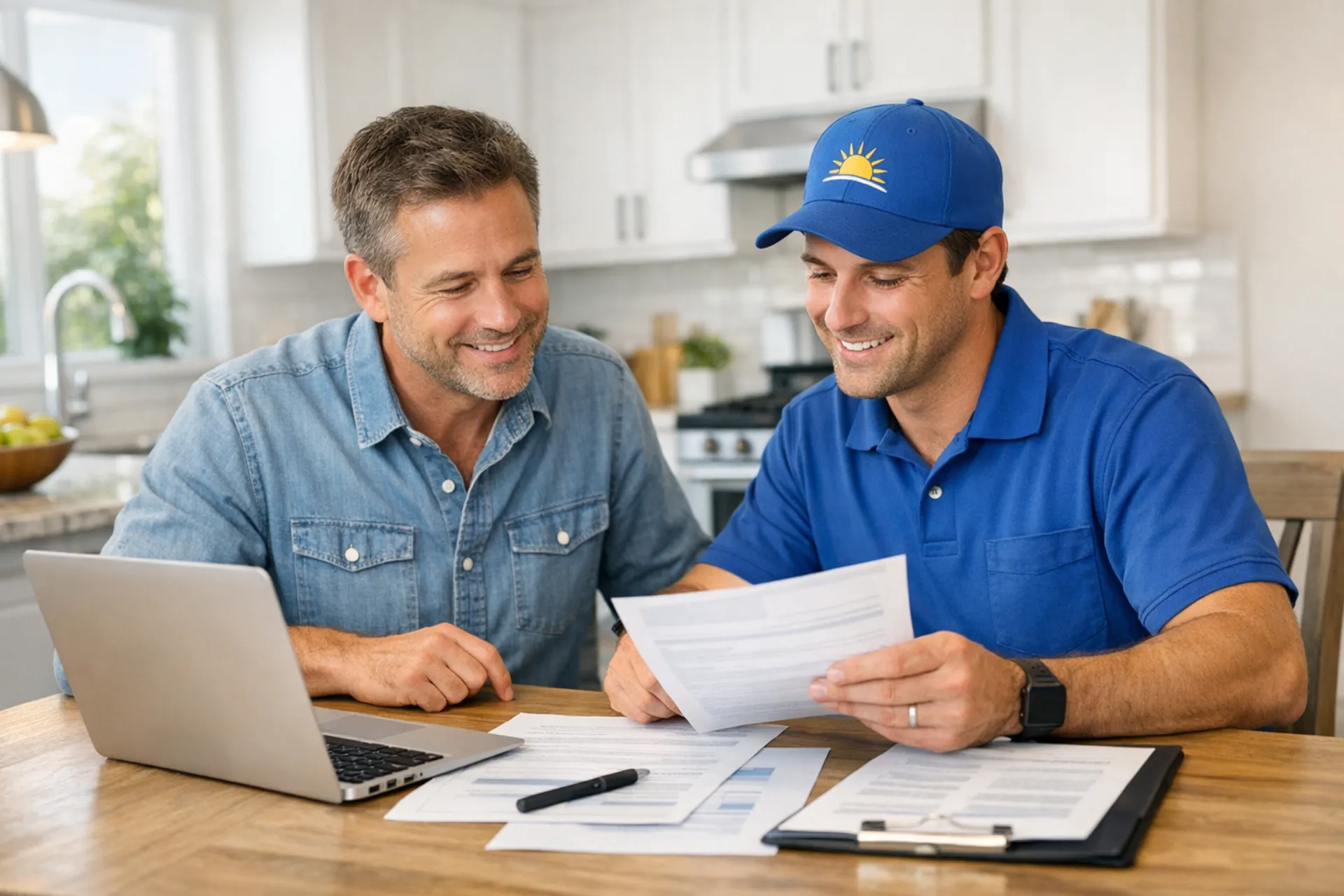 Homeowner and certified solar installer reviewing paperwork together