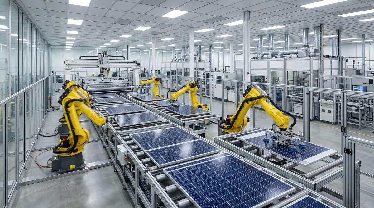 Interior of an American solar panel manufacturing facility with robotic assembly line