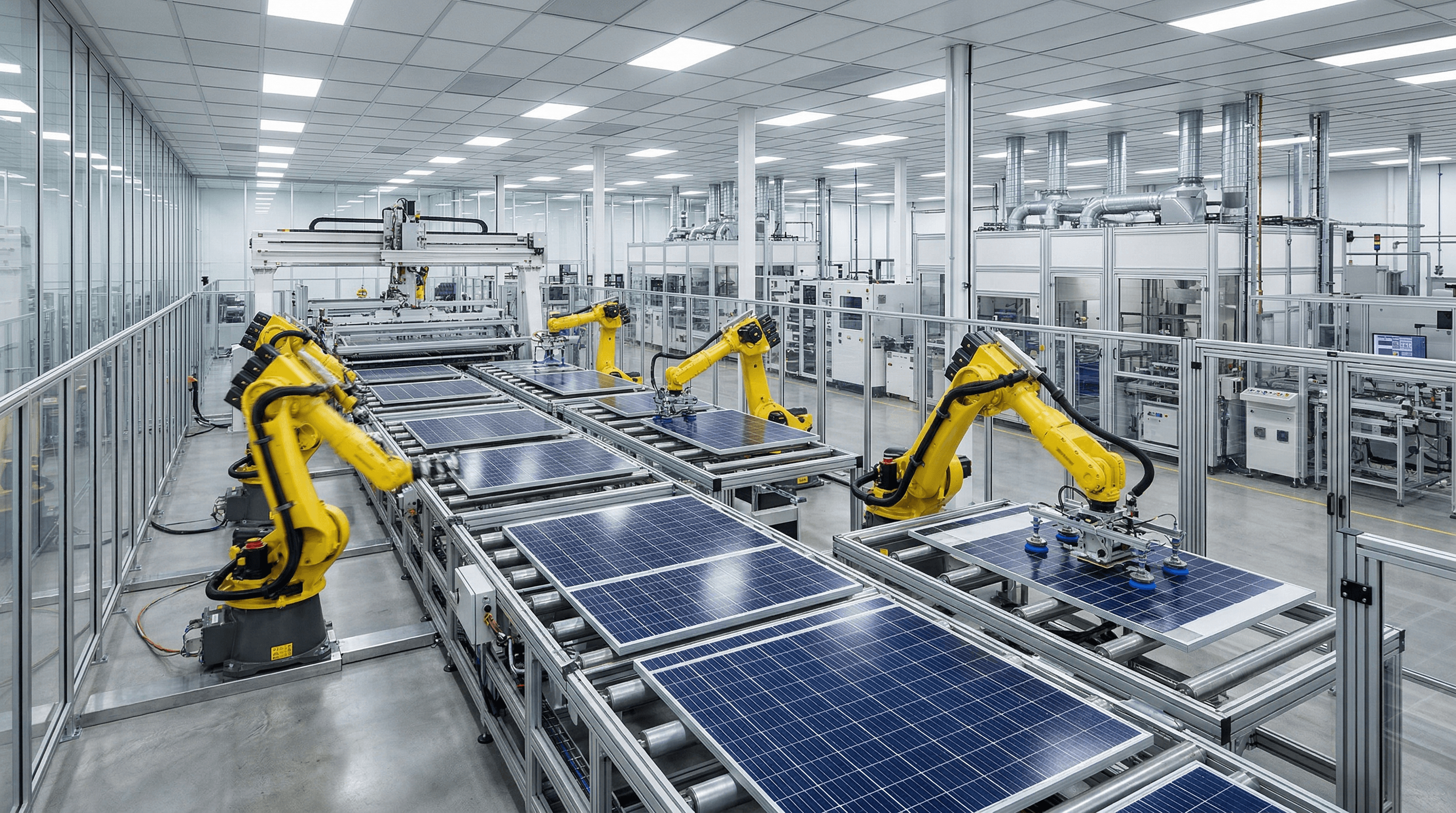 Interior of an American solar panel manufacturing facility with robotic assembly line