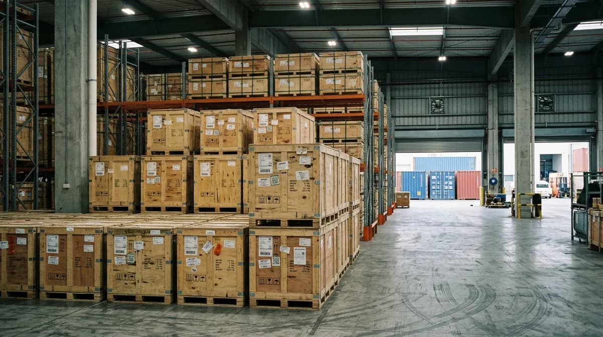 Solar panel warehouse with import shipping containers and customs labels