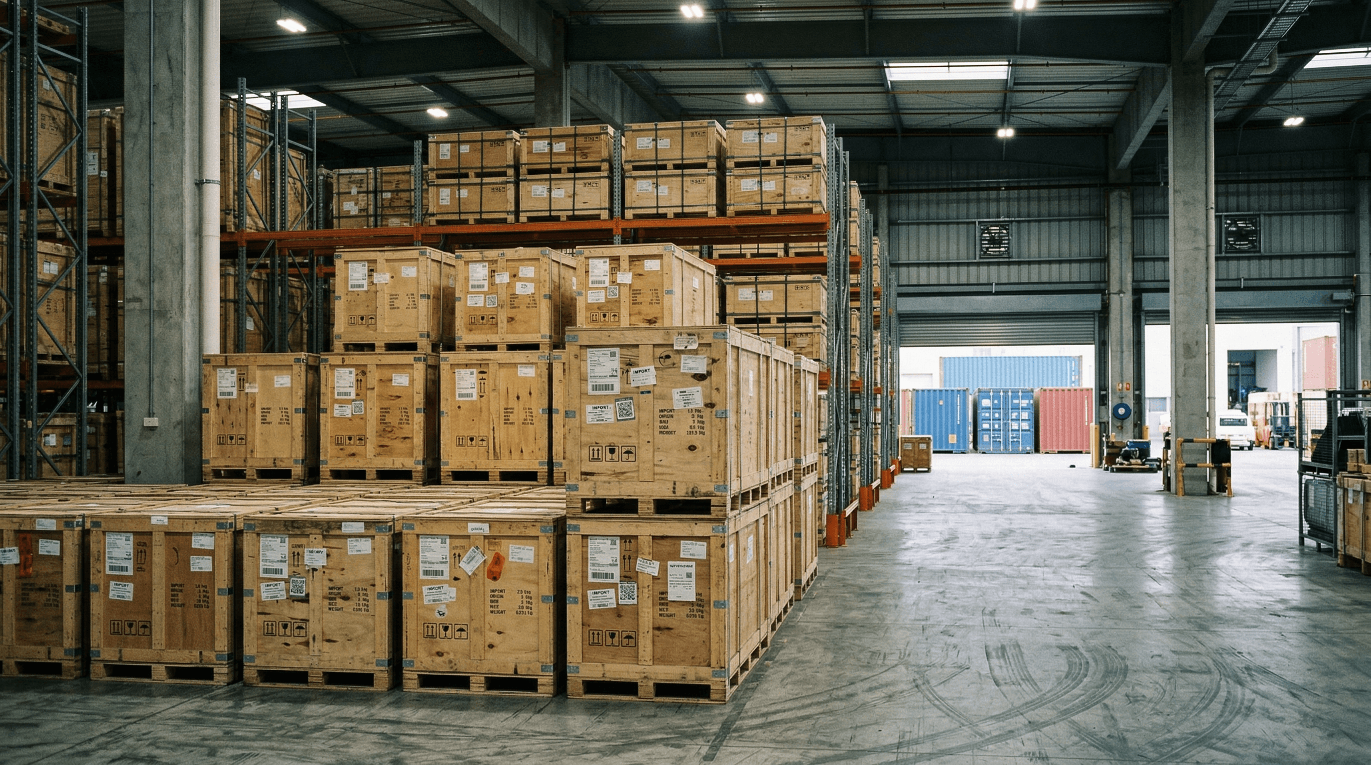 Solar panel warehouse with import shipping containers and customs labels