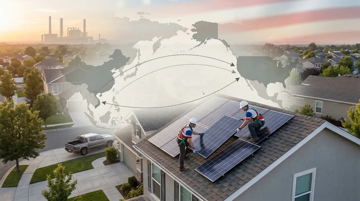 Solar panels on American rooftop with global trade route visualization