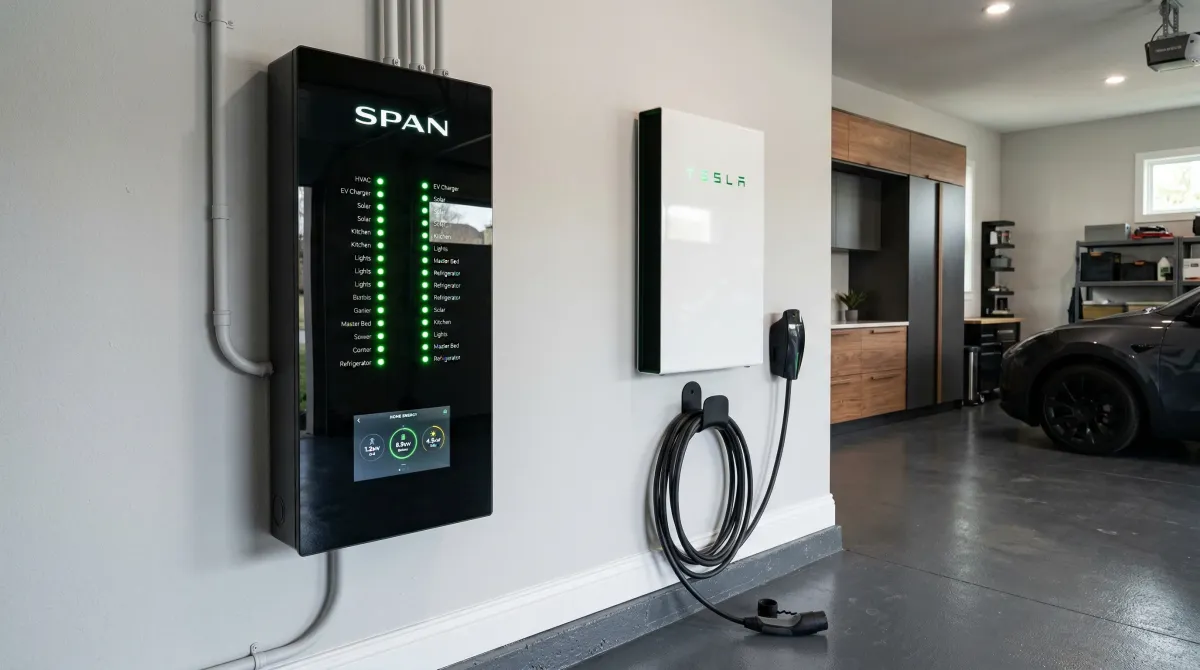 SPAN smart electrical panel installed in a garage alongside a Tesla Powerwall and EV charger
