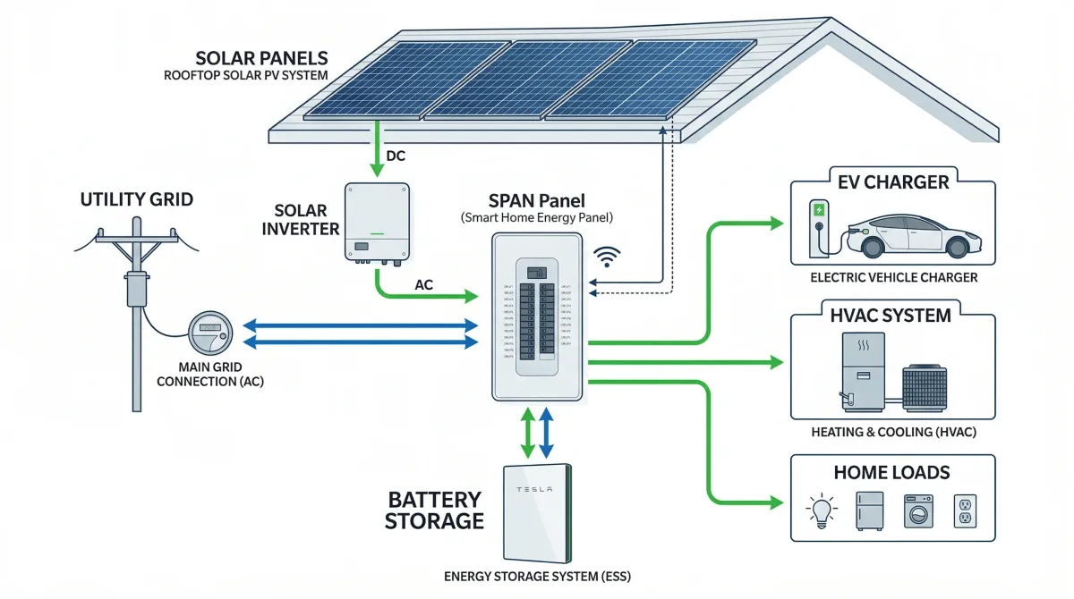Whole-home energy system diagram showing SPAN panel connecting solar, battery, EV charger, and home circuits