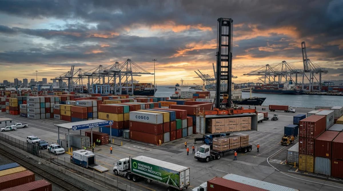 Solar panels at shipping port illustrating tariff impact on supply chain
