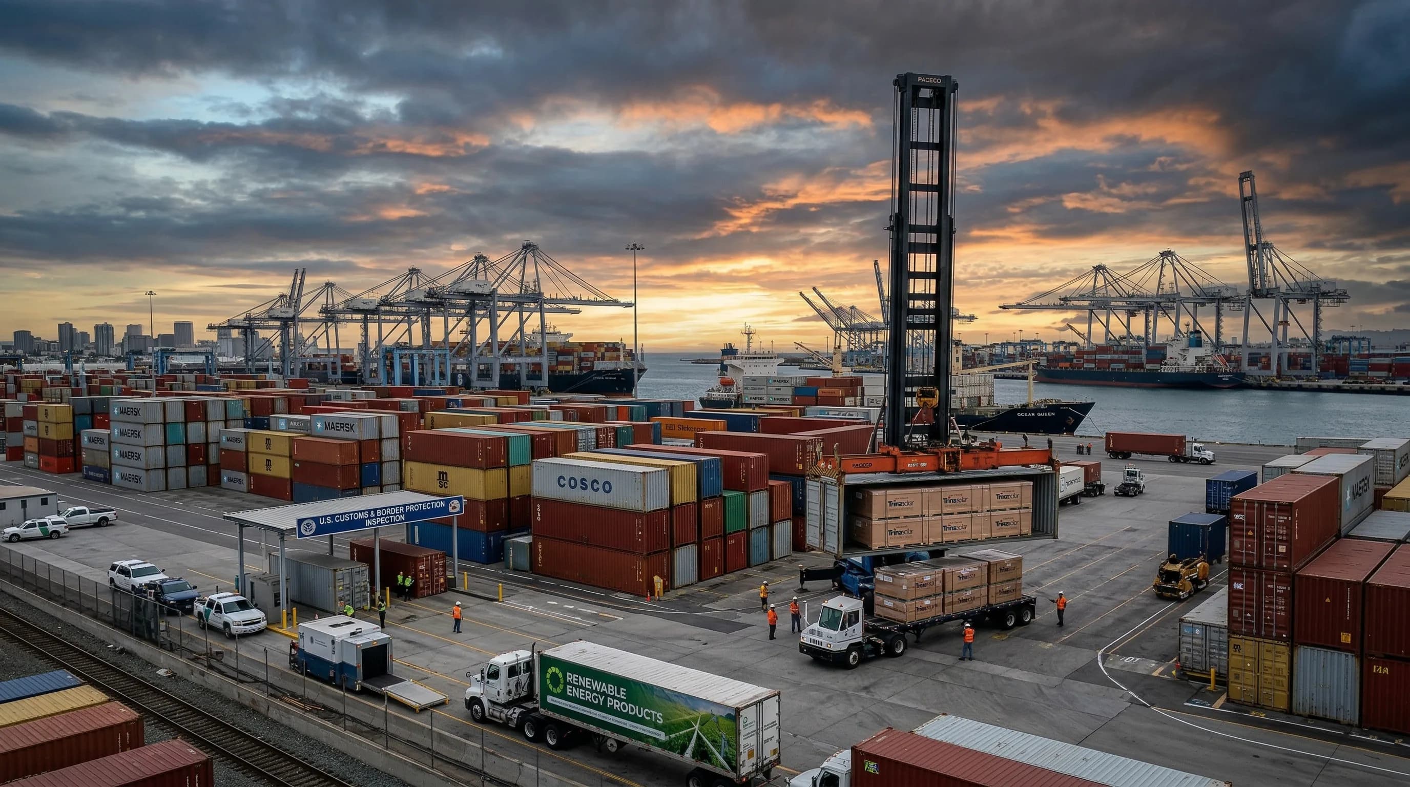 Solar panels at shipping port illustrating tariff impact on supply chain