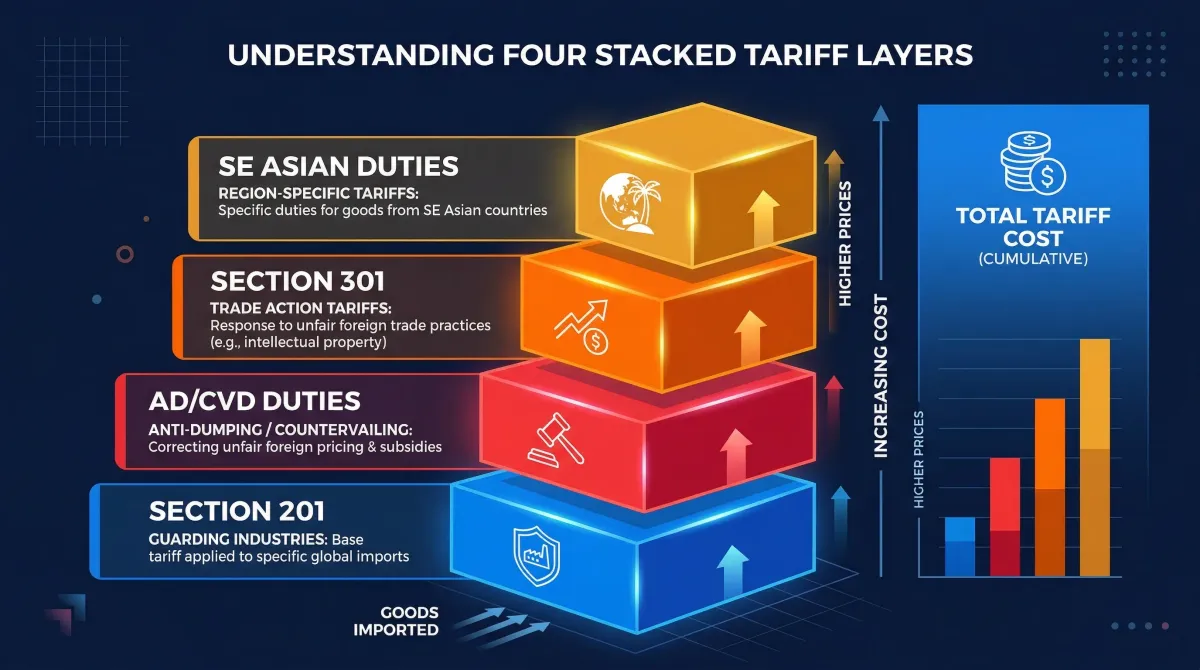Infographic of the four solar tariff layers as of early 2026: Section 201 (expired February 2026), AD/CVD, Section 301, and Southeast Asian duties