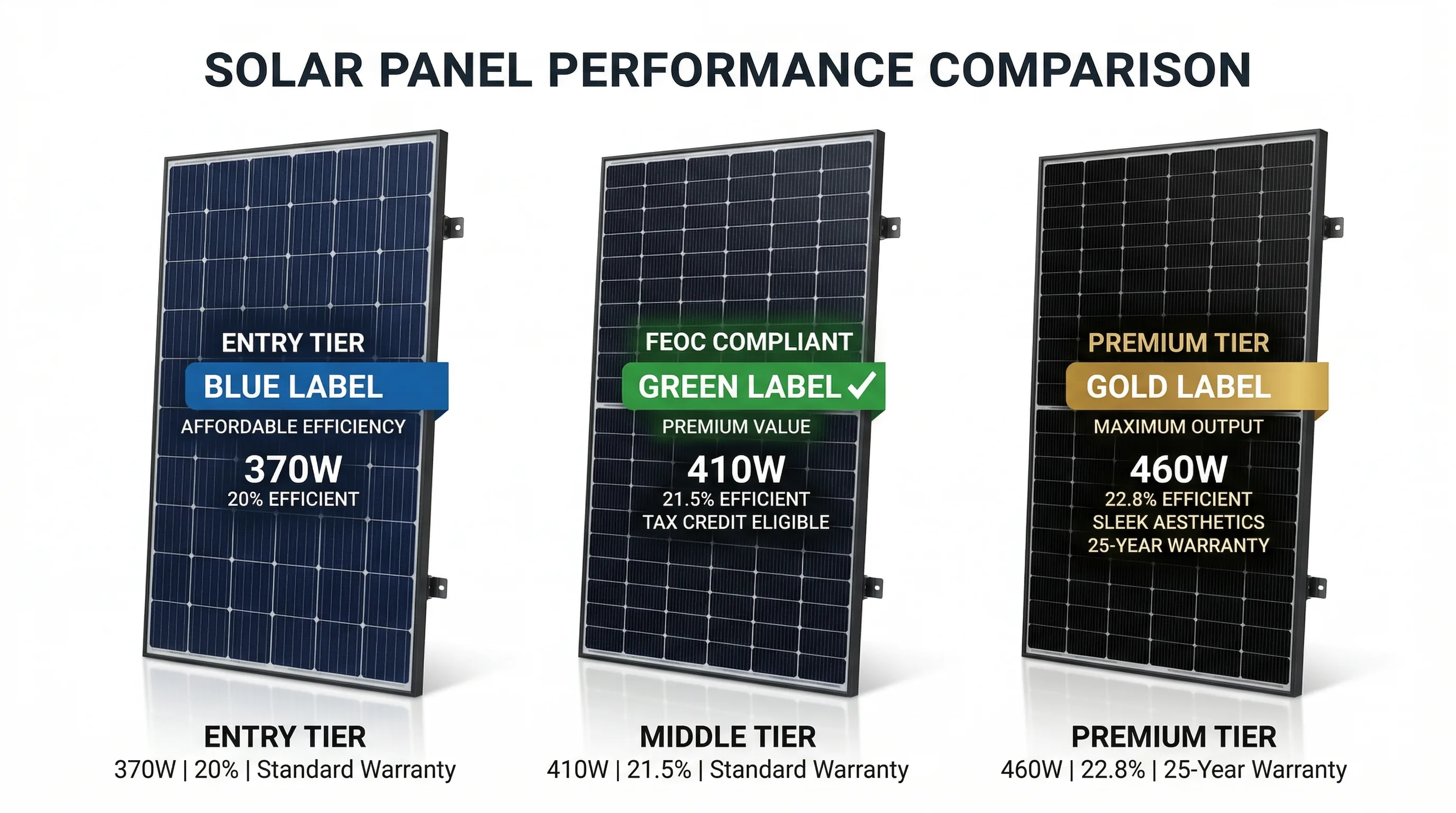 Three solar panel tiers: Hyundai 440W entry, Silfab 440W FEOC, REC 460W premium