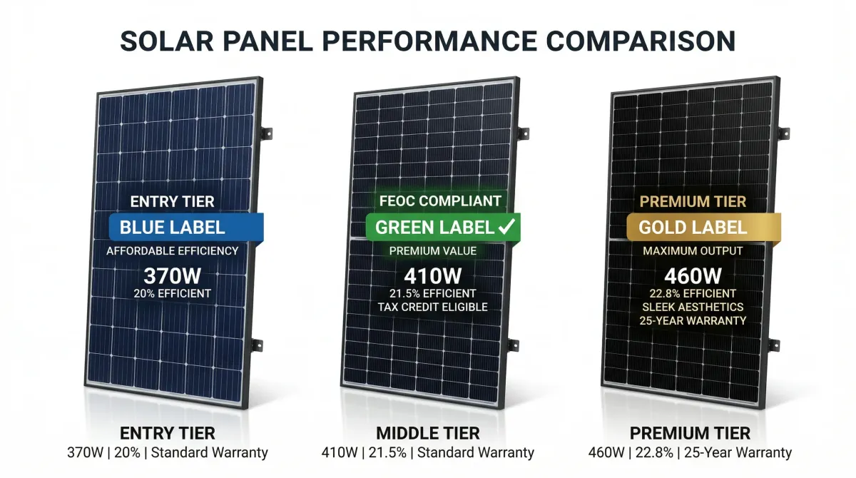 Three solar panel tiers: Hyundai 440W entry, Silfab 440W FEOC, REC 460W premium