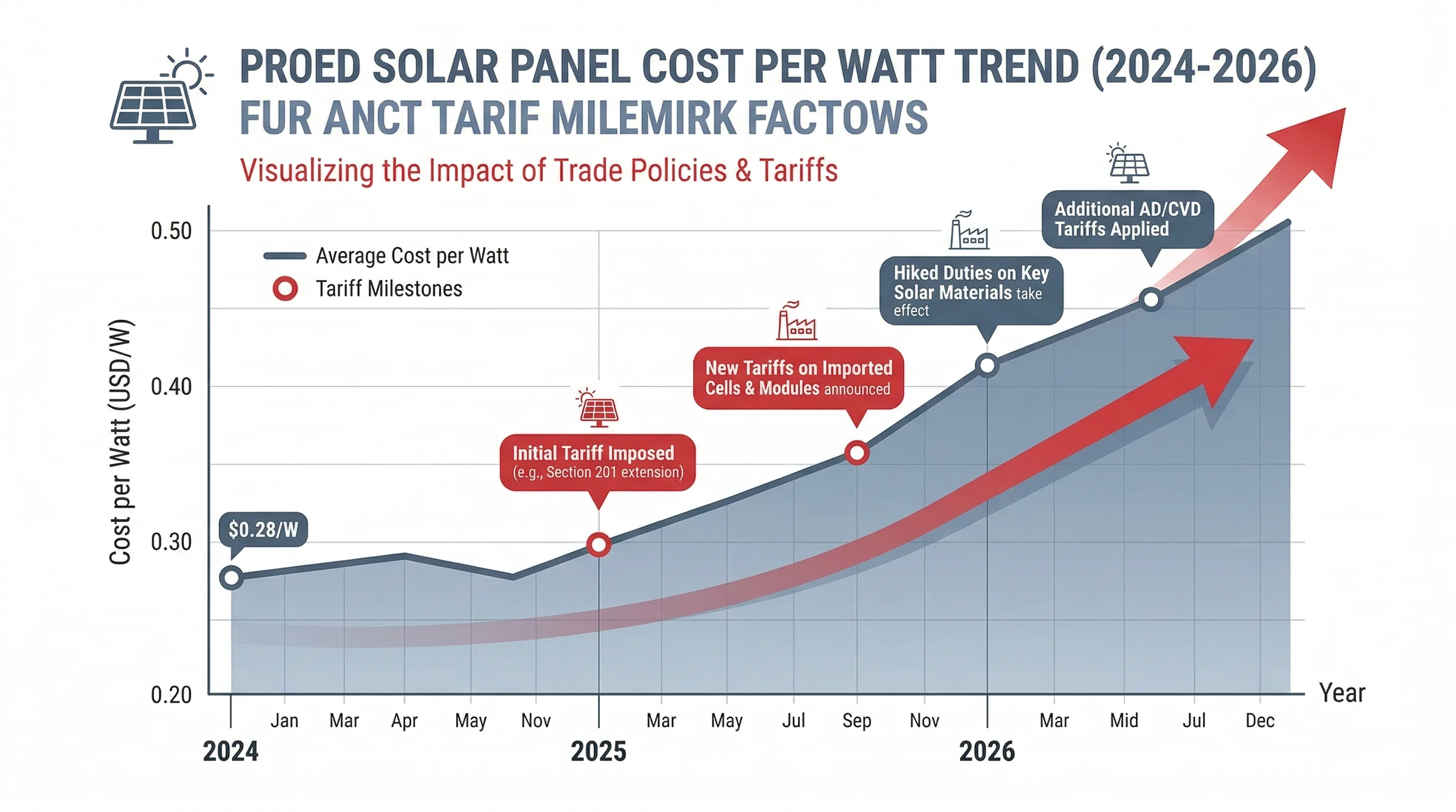 Solar panel cost per watt increasing from 2024 to 2026 due to tariffs