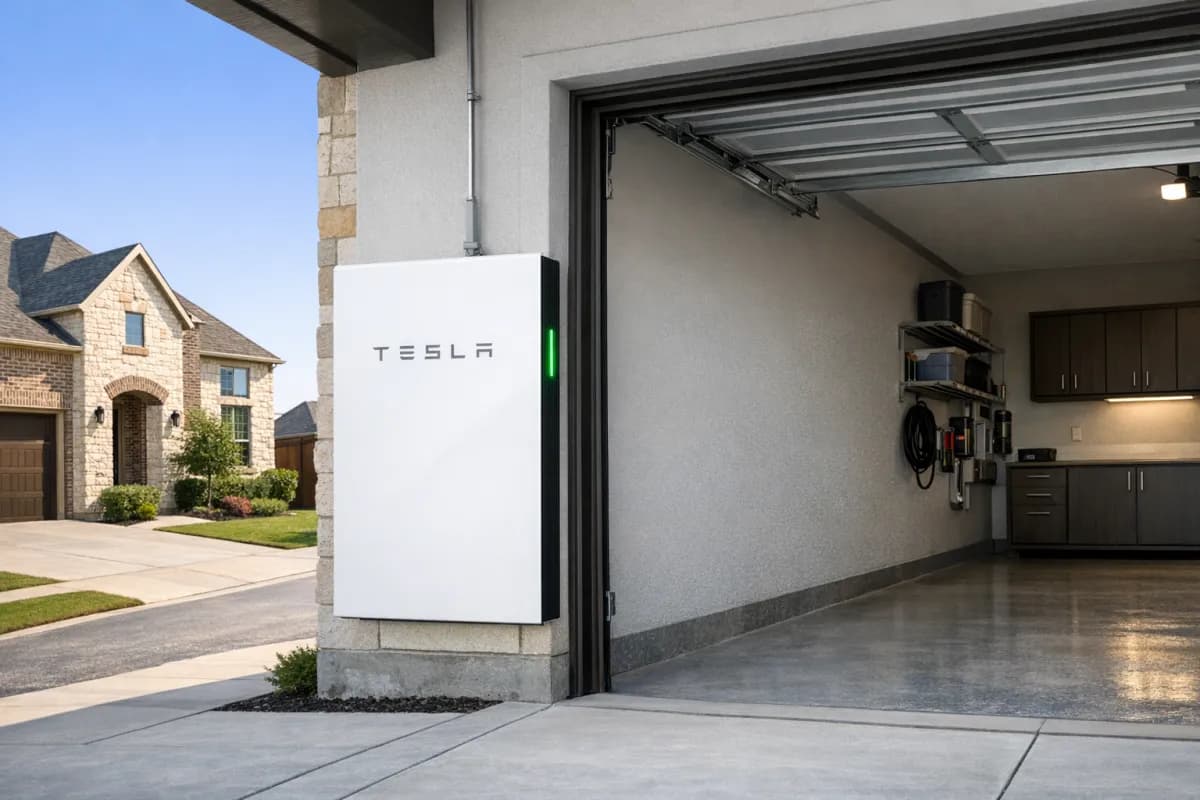 Home battery storage unit mounted on a Texas home garage wall