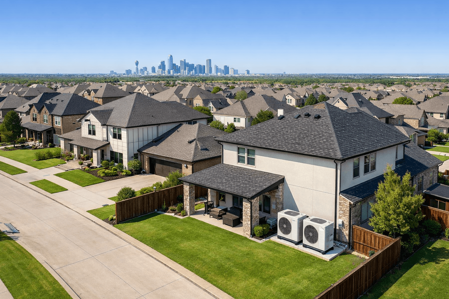 Dallas-Fort Worth skyline with suburban homes featuring heat pump systems