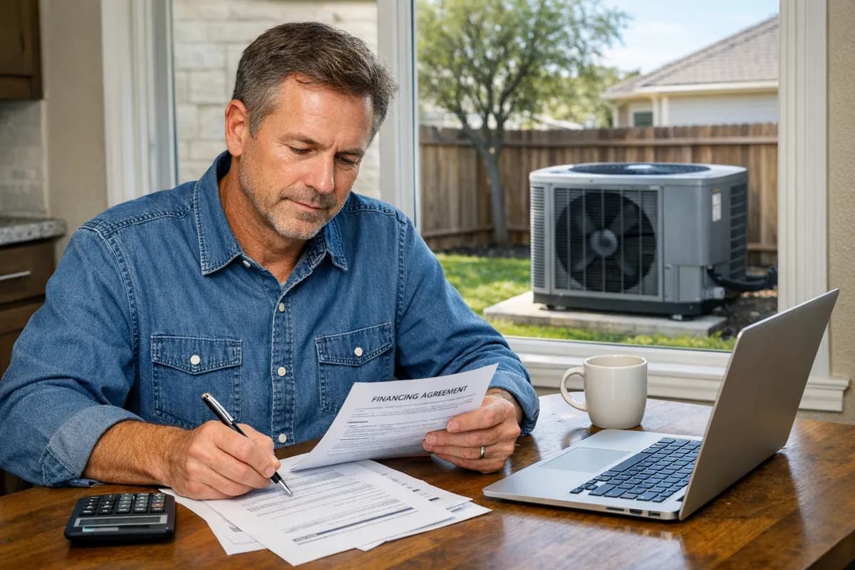 Texas homeowner reviewing heat pump financing options