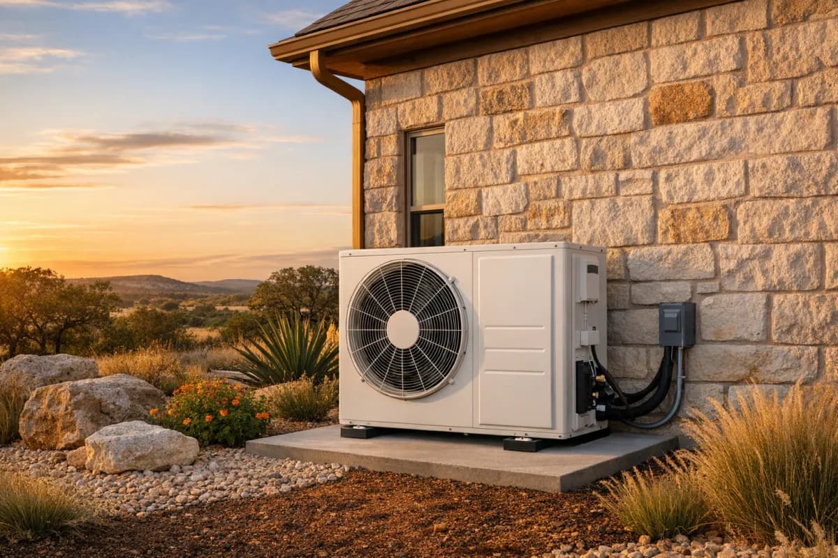 Heat pump outdoor unit beside a Texas suburban home
