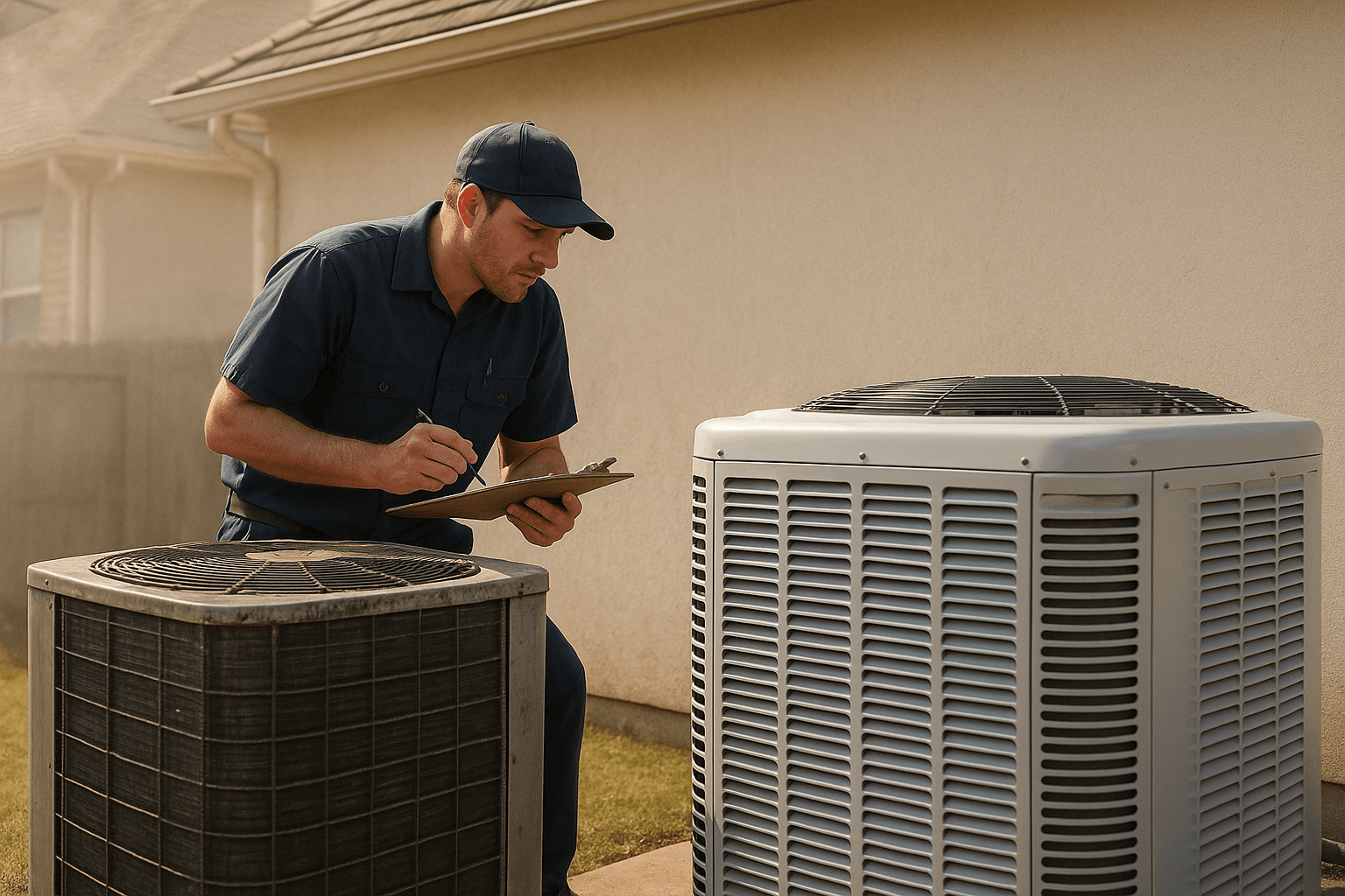 HVAC technician inspecting an outdoor heat pump unit at a Texas home