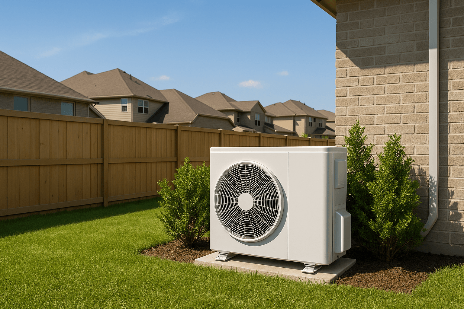 Modern quiet heat pump unit installed next to a privacy fence in a Texas suburban backyard