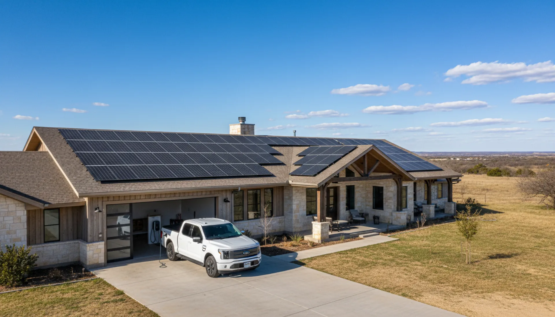 Texas home with solar panels and electric vehicle plugged into Level 2 charger