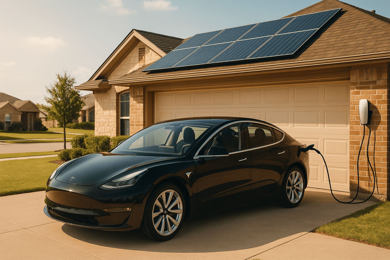 Tesla EV charging from rooftop solar panels on a Texas home