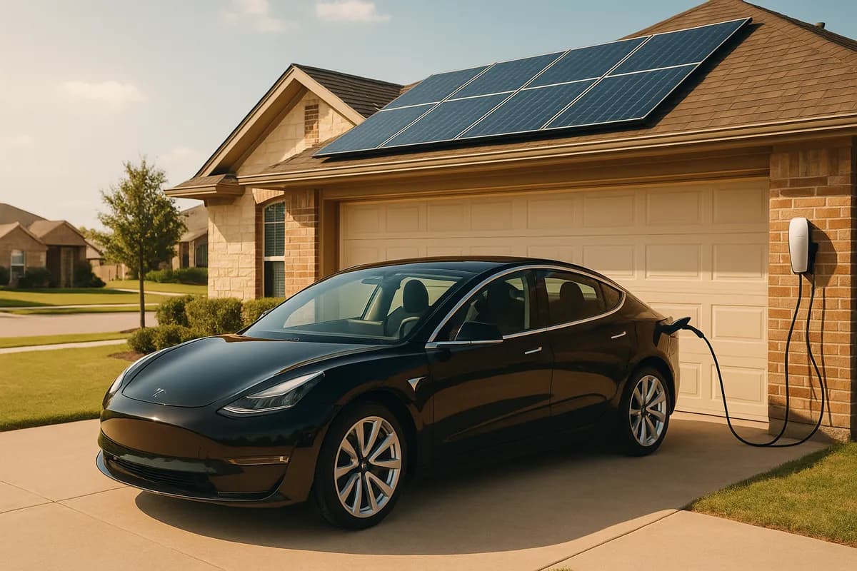 Tesla EV charging from rooftop solar panels on a Texas home