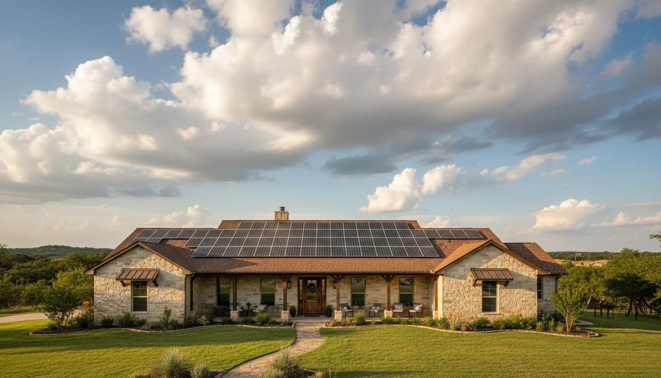 Texas home with solar panels under abundant sunshine with a lease agreement overlay
