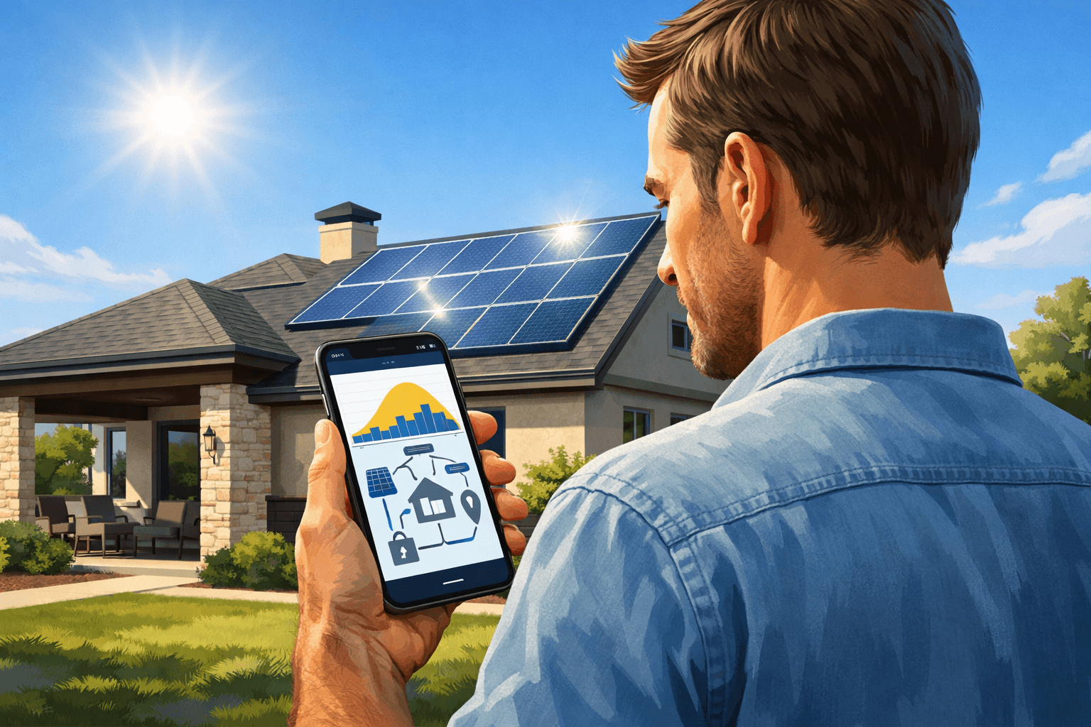 Solar monitoring app dashboard showing Texas home energy production and grid export data