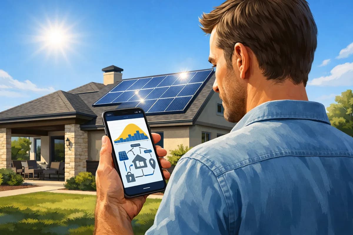 Solar monitoring app dashboard showing Texas home energy production and grid export data