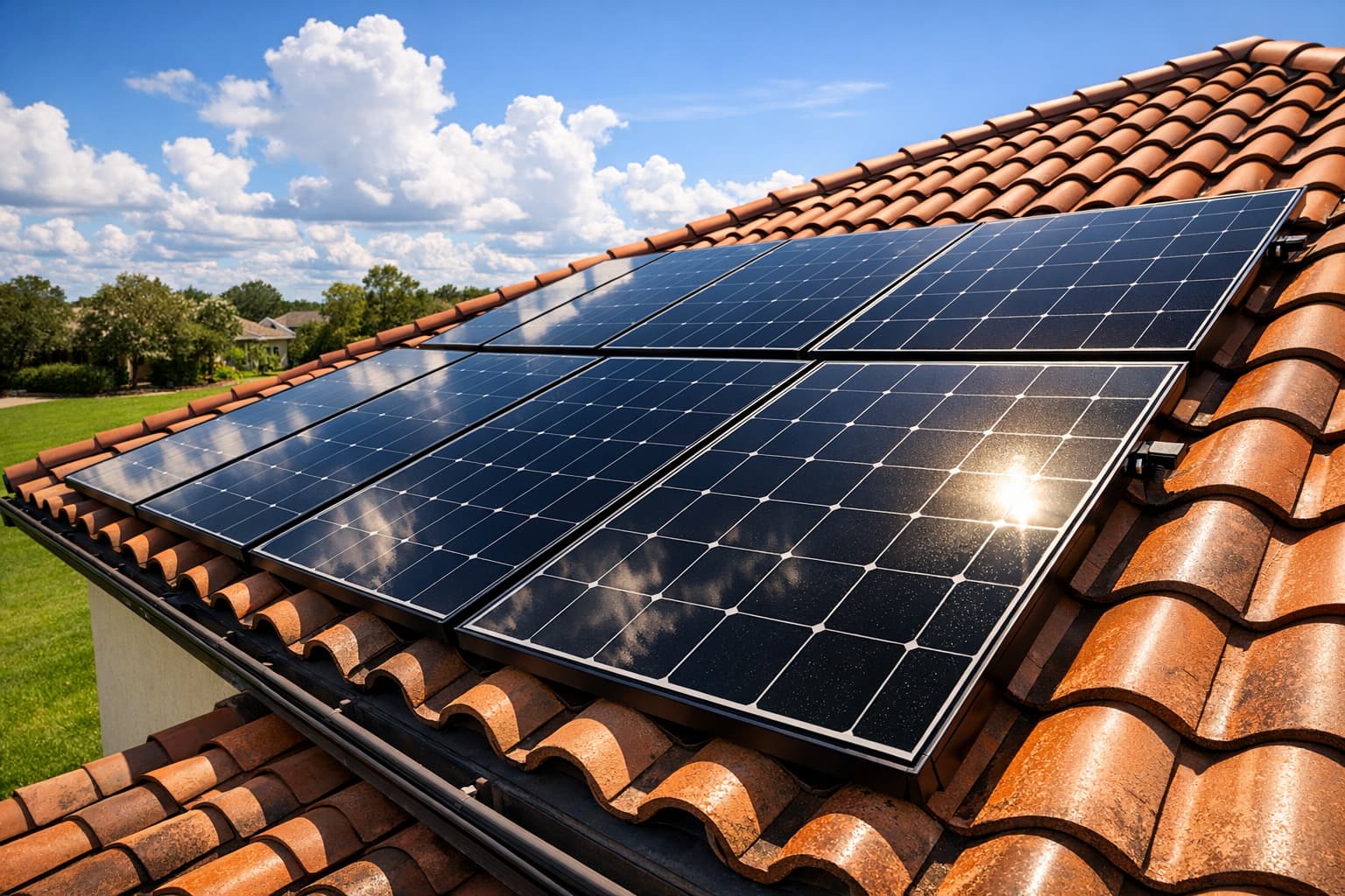 Solar panels on a suburban Texas home with big sky