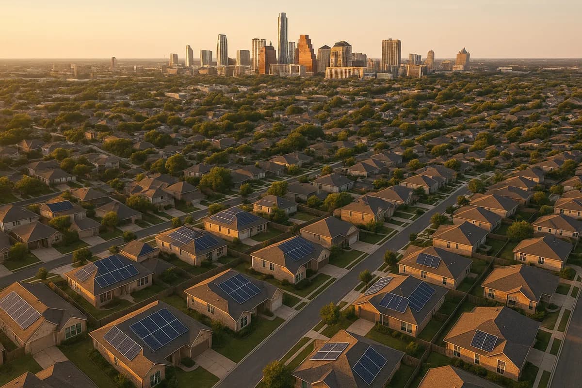 Aerial view of Texas suburban neighborhoods with solar panels at golden hour