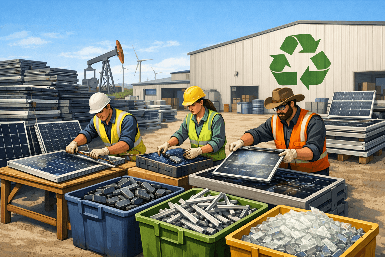 Solar panel recycling facility in Texas with stacks of panels being processed