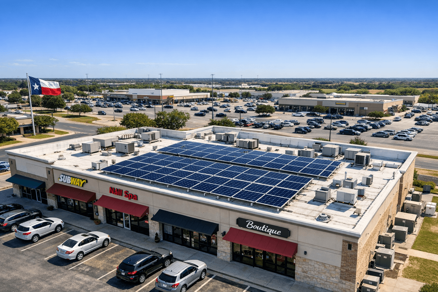 Texas small business with rooftop solar panels