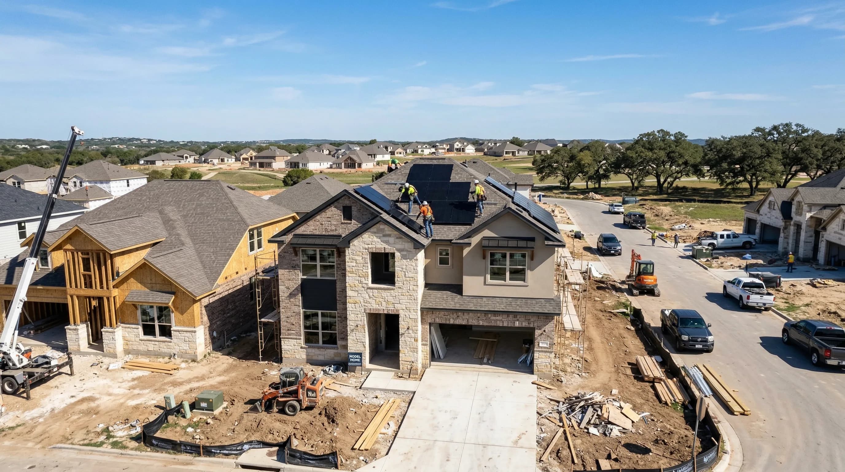 New construction home in Texas with solar panels being installed on the roof