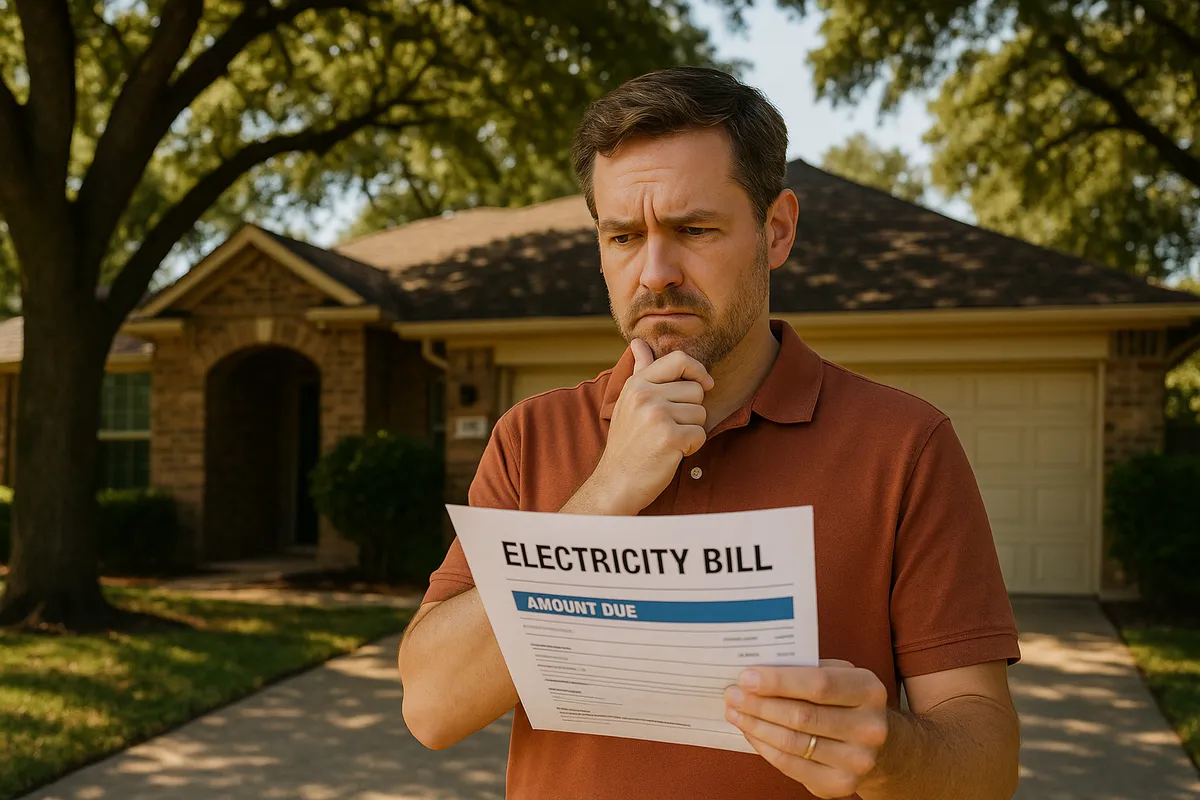 Texas homeowner considering electricity bill in front of a home without solar panels