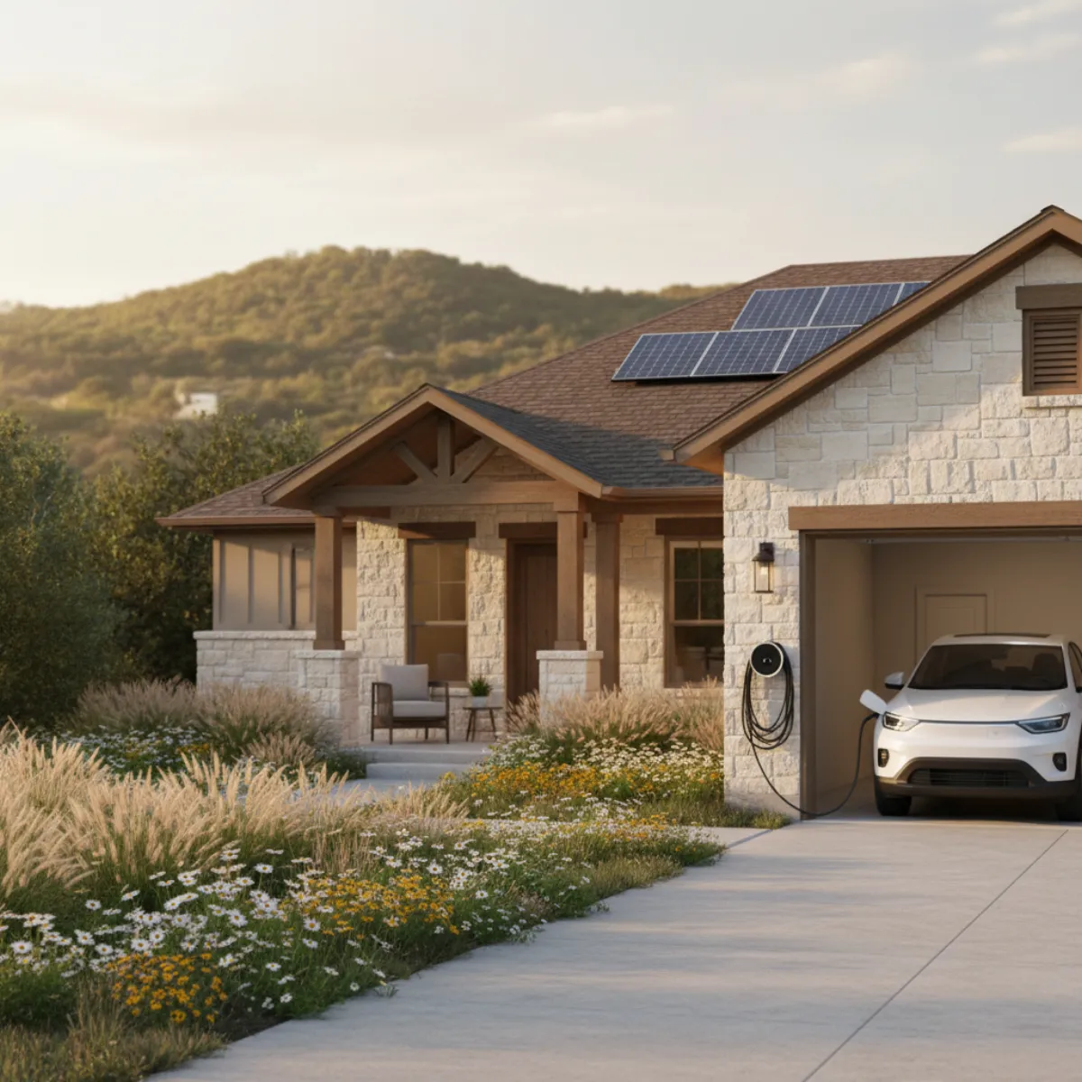 Austin Energy home Level 2 EV charger install with Power Partner-compatible smart charger in an Austin garage