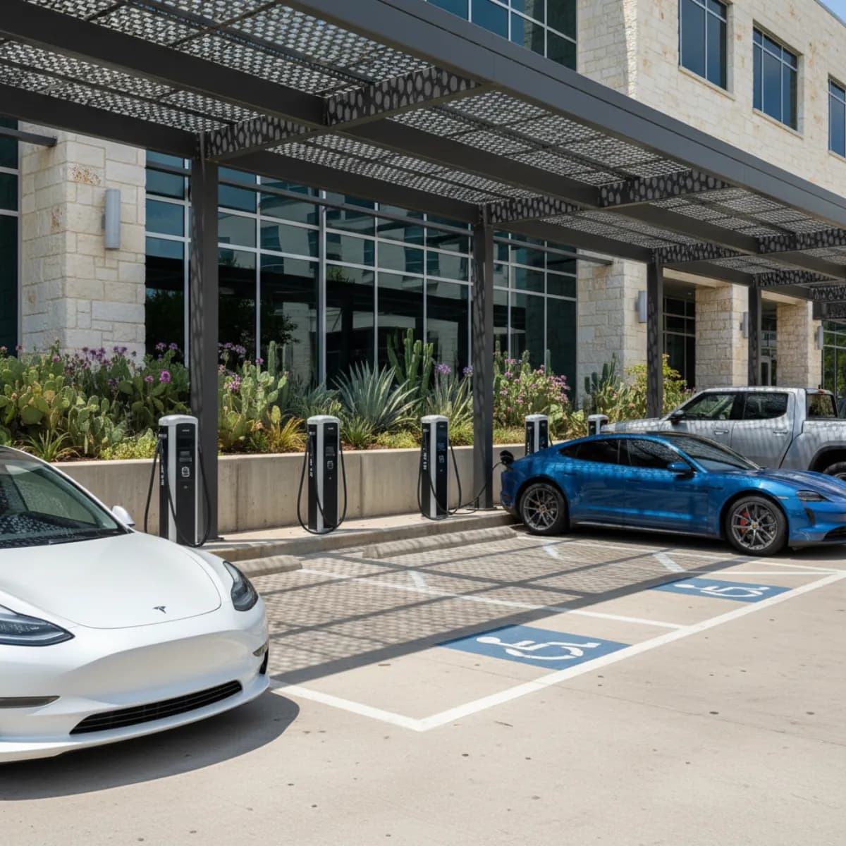 Networked Level 2 EV chargers deployed at an Austin workplace parking lot