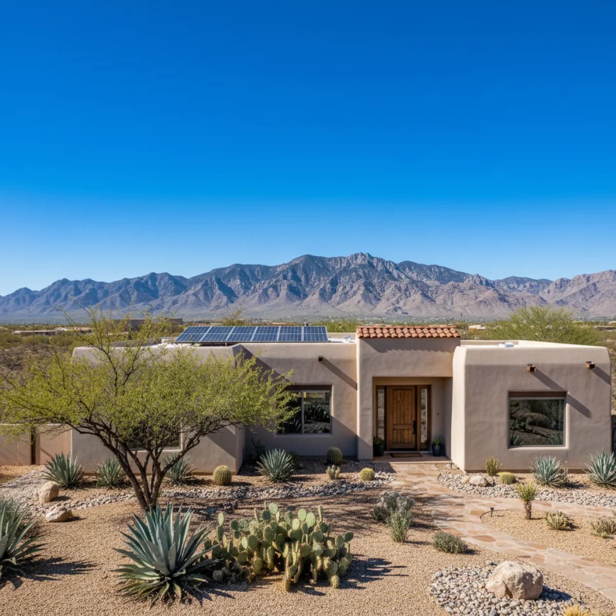 Residential solar panels on a West Texas home in El Paso Electric service territory with desert sky